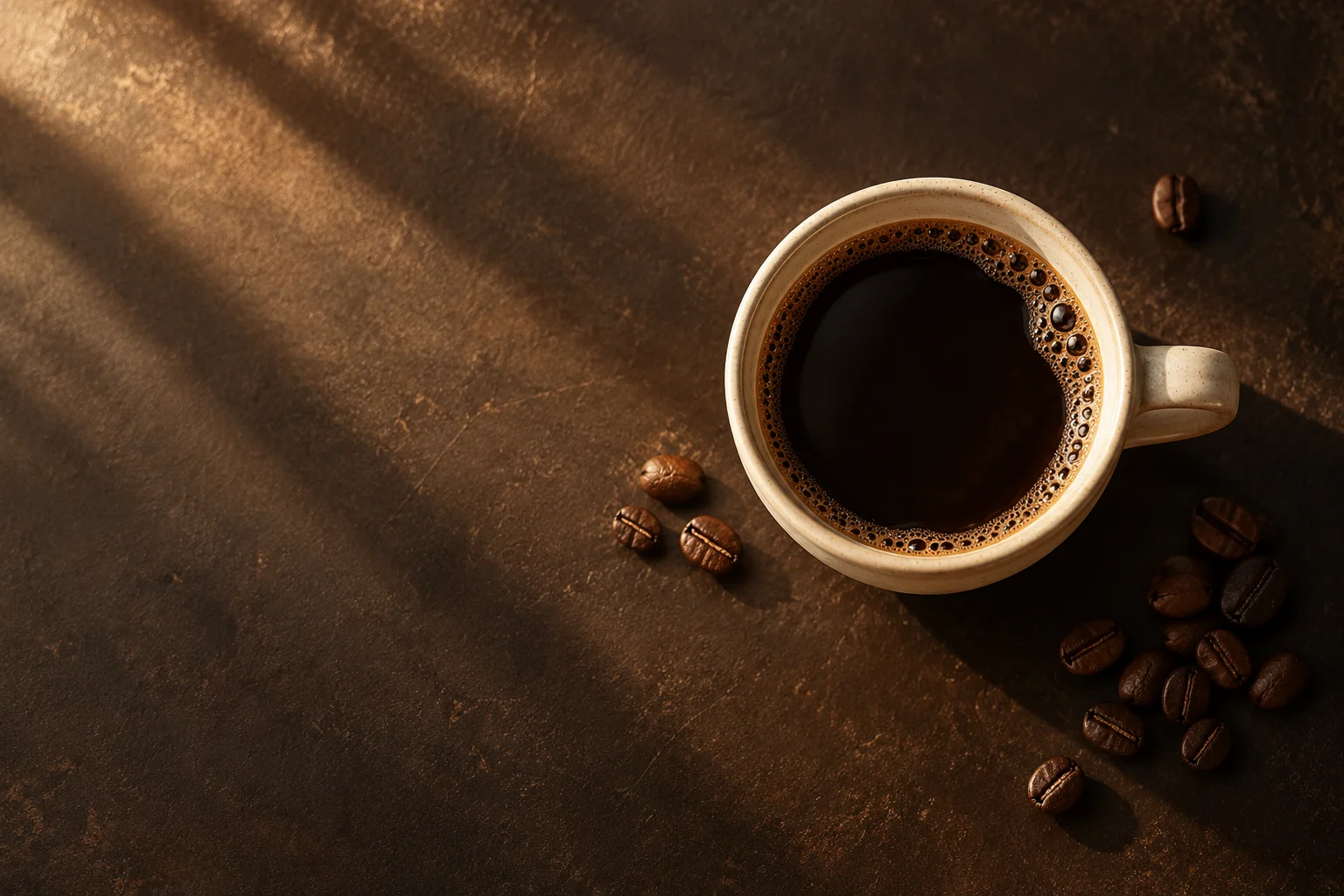 Xícara de café preto com grãos torrados, iluminada por uma luz quente